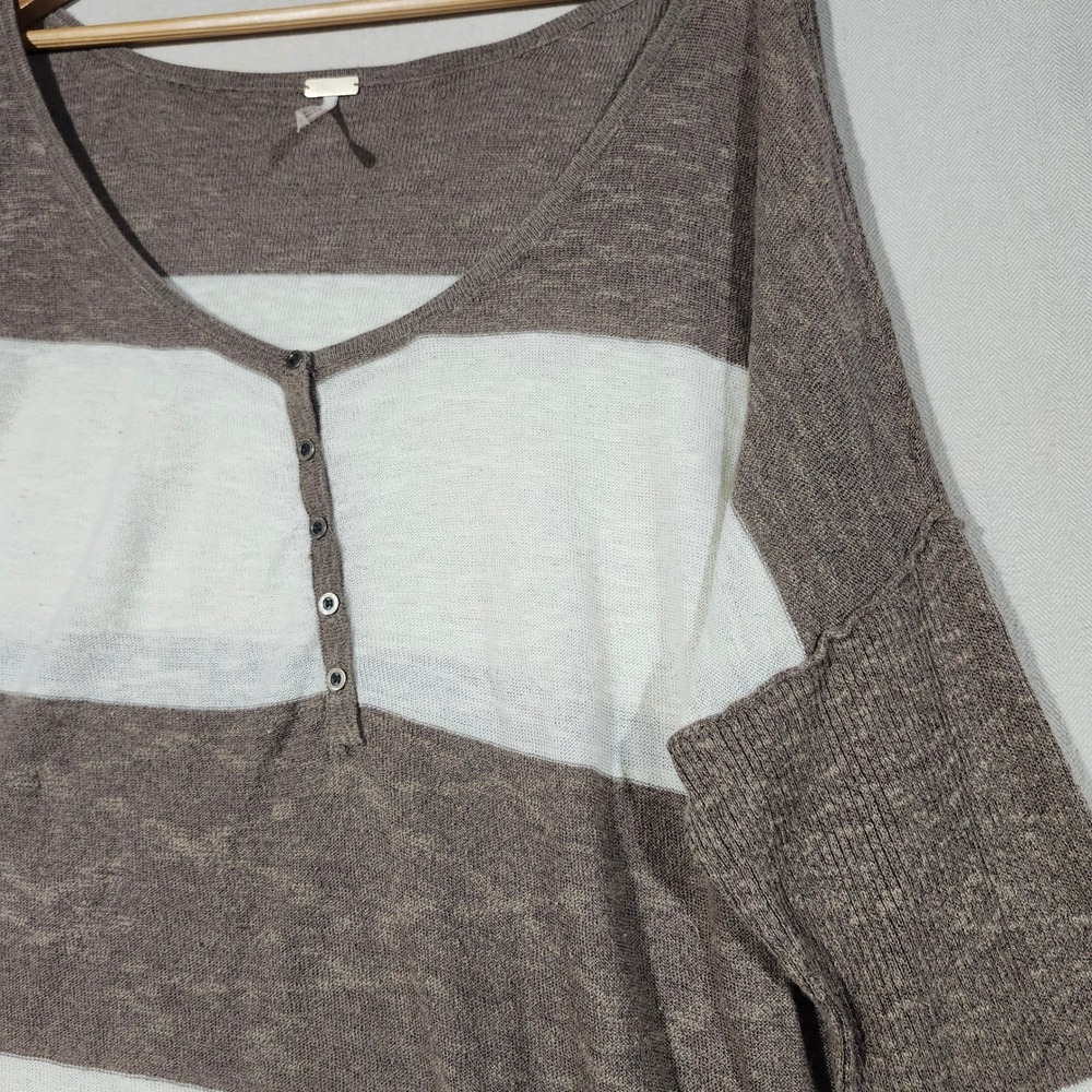 Free People Beach Womens Large Brown Striped Linen Blend Henley Sweater Oversize - Picture 4 of 8